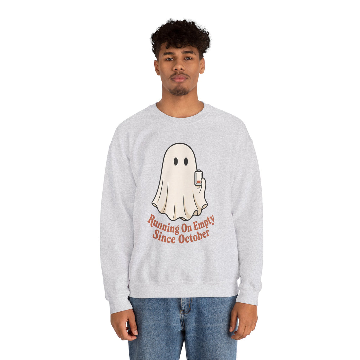 Running On Empty Since October Sweatshirt - Ash - On Model Male
