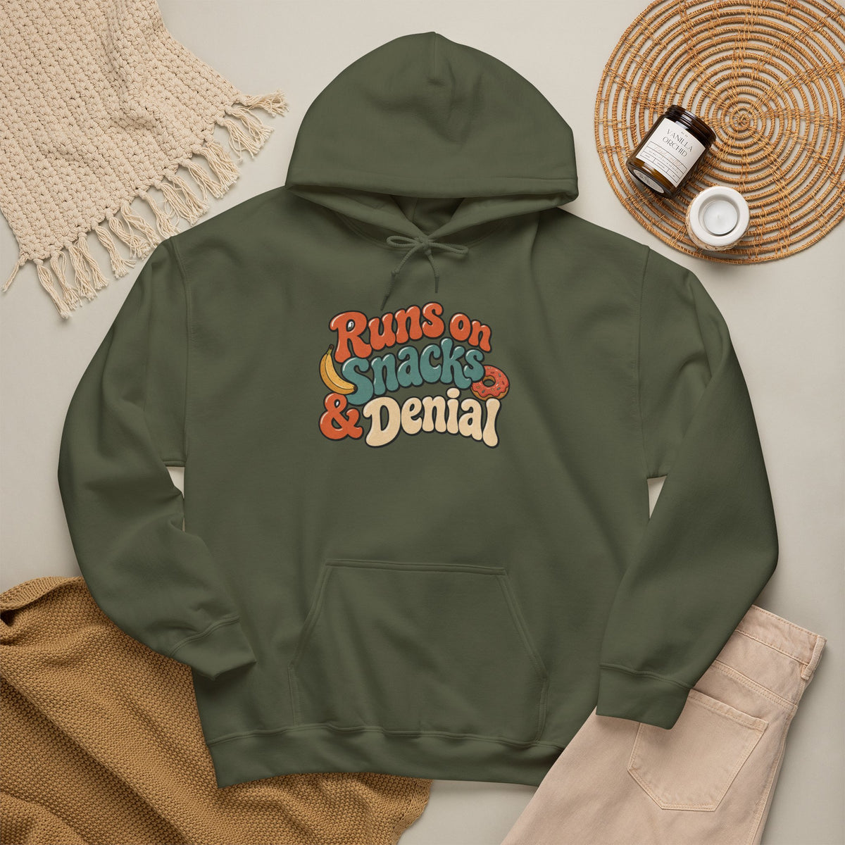 Runs on Snacks & Denial Hoodie - Military Green - flat lay