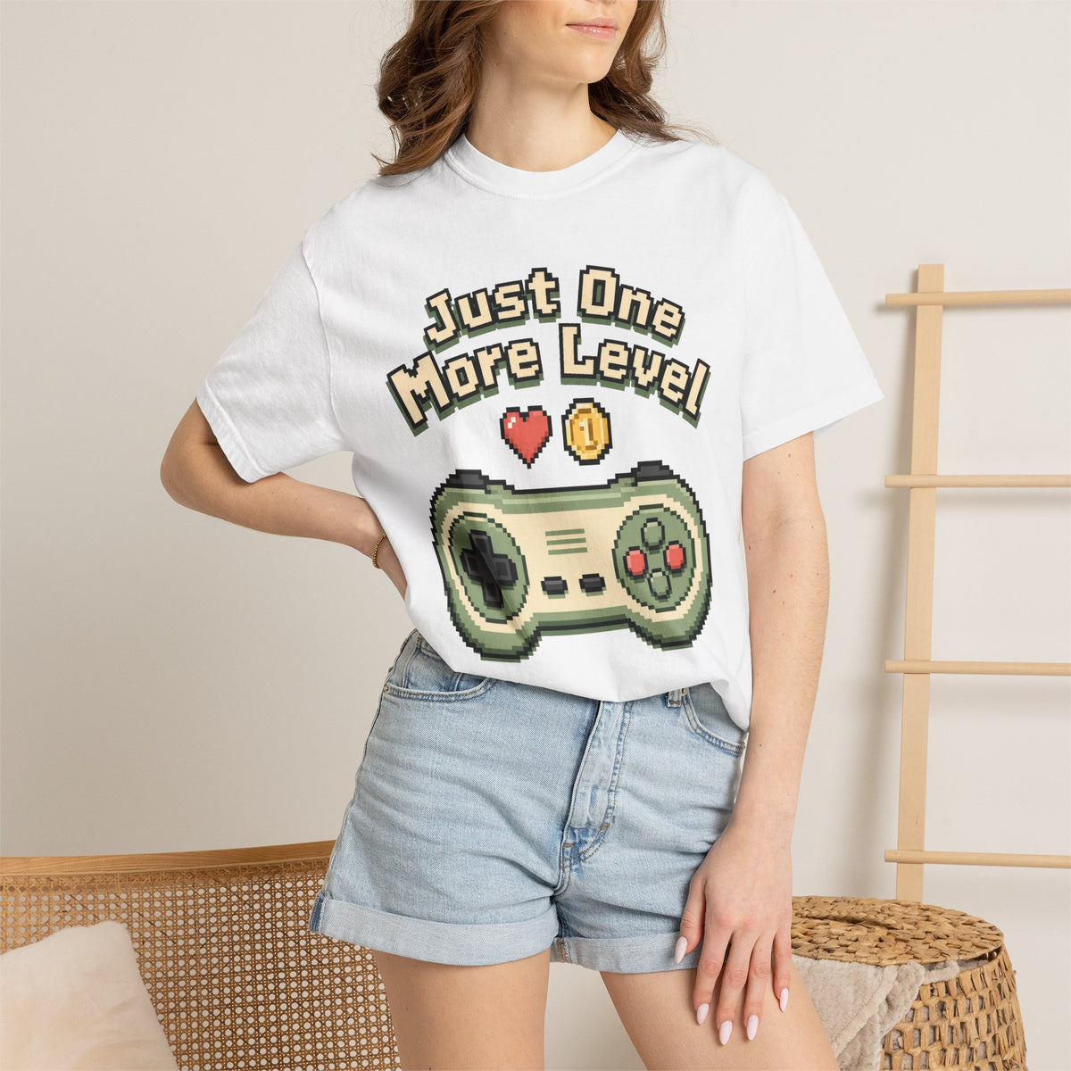Just One More Level T-Shirt - White - On Model Close-Up