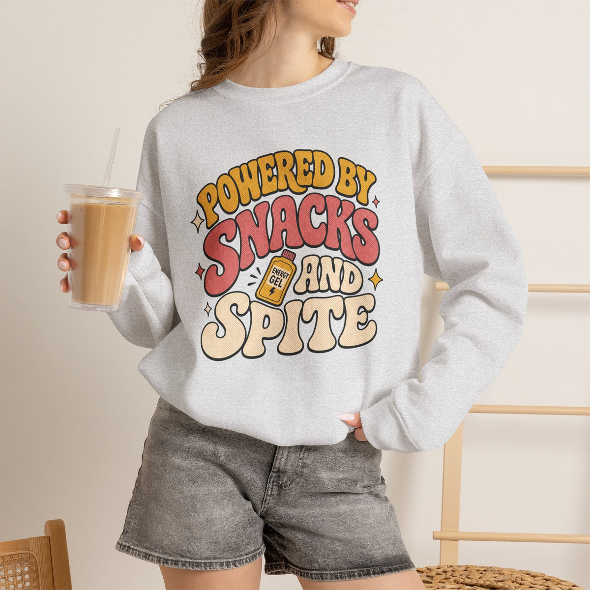Powered by Snacks and Spite Sweatshirt - Ash - flat lay1