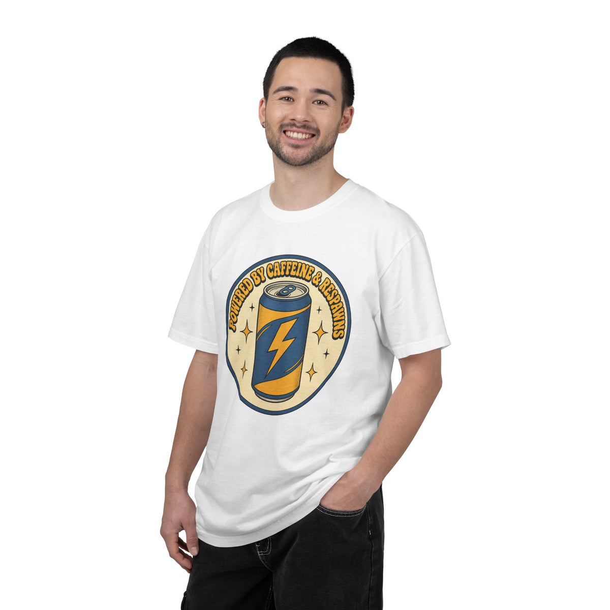 Caffeinated Energy Can T-shirt - White - On Model Male