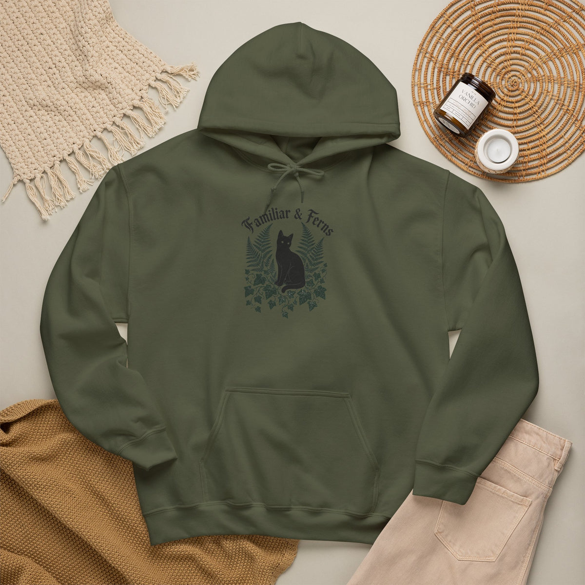 Familiar & Ferns Hoodie - Military Green - Flat Lay