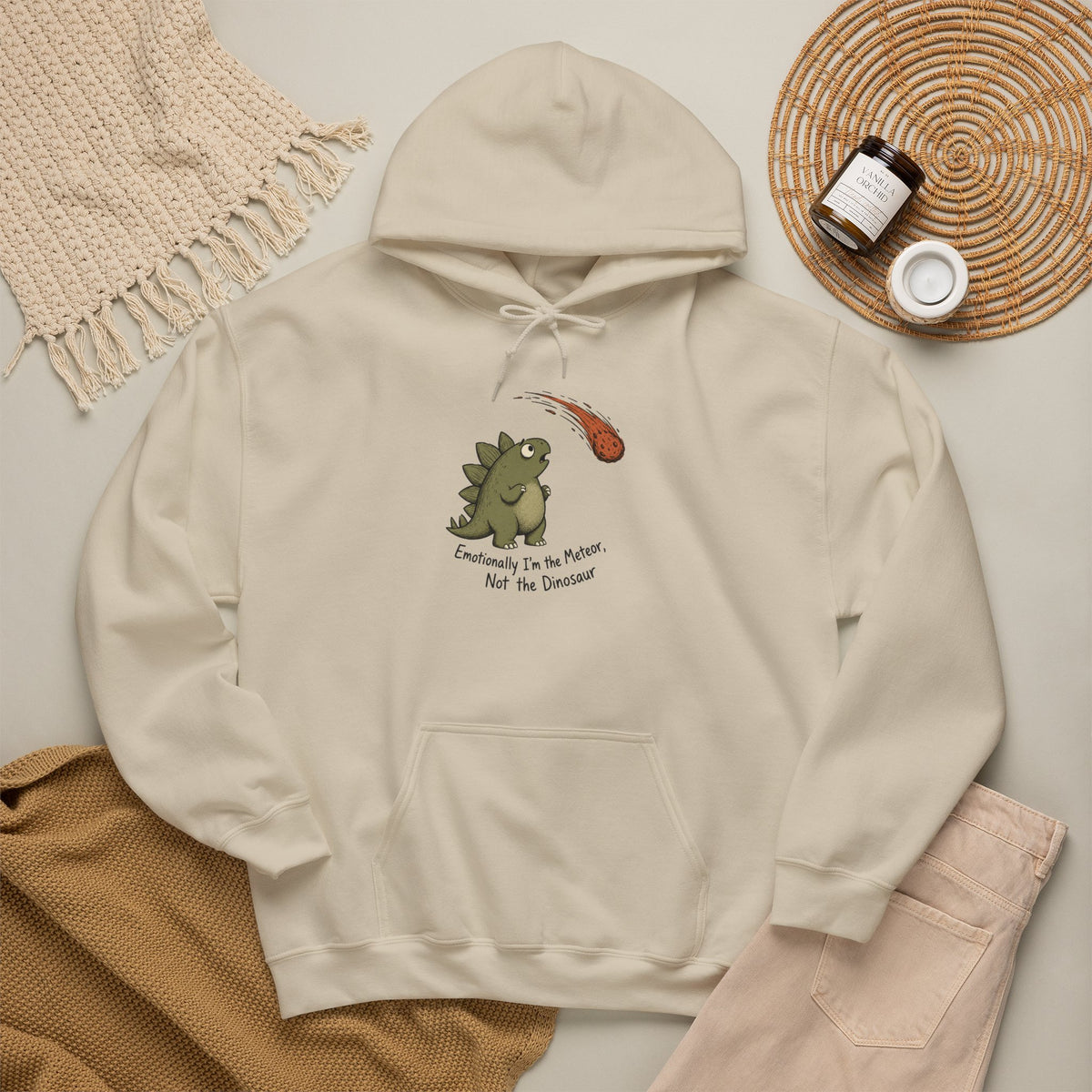 Emotionally I'm the Meteor Dinosaur Hoodie - Sand - Flat Lay