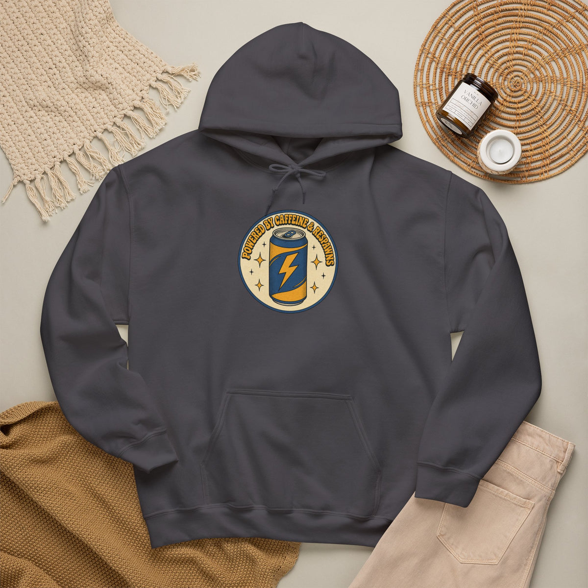 Caffeinated Energy Can Hoodie - Charcoal - Flat Lay