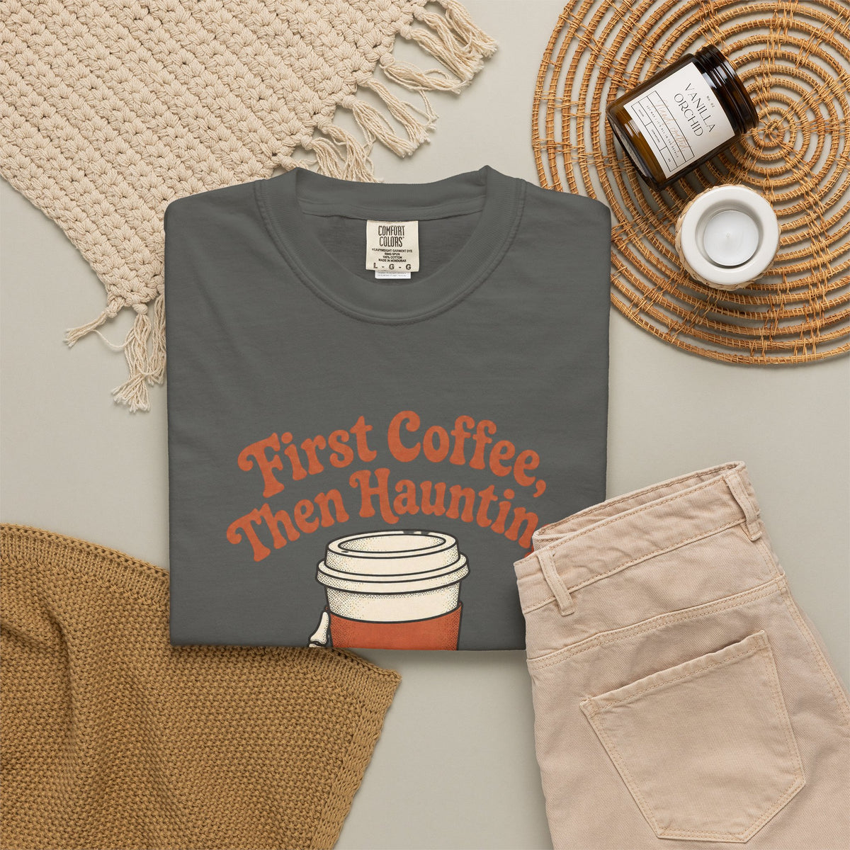 First Coffee Then Haunting T-Shirt - Pepper - Flat Lay