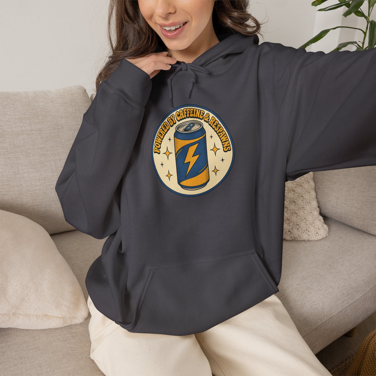 Caffeinated Energy Can Hoodie - Charcoal - On Model Female