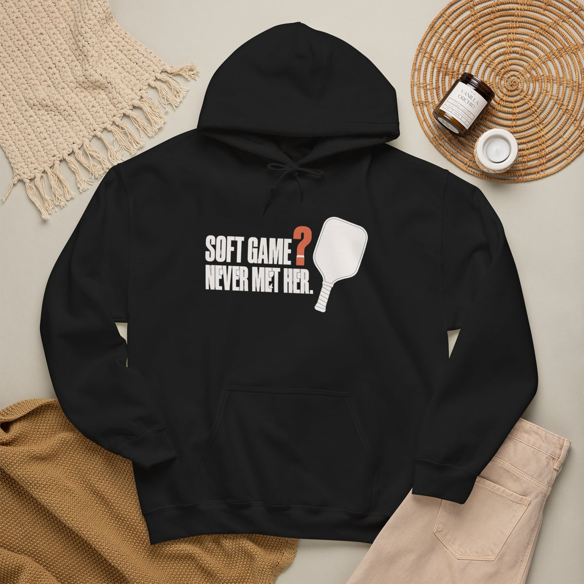Soft Game? Never Met Her Hoodie - Black - Flat Lay