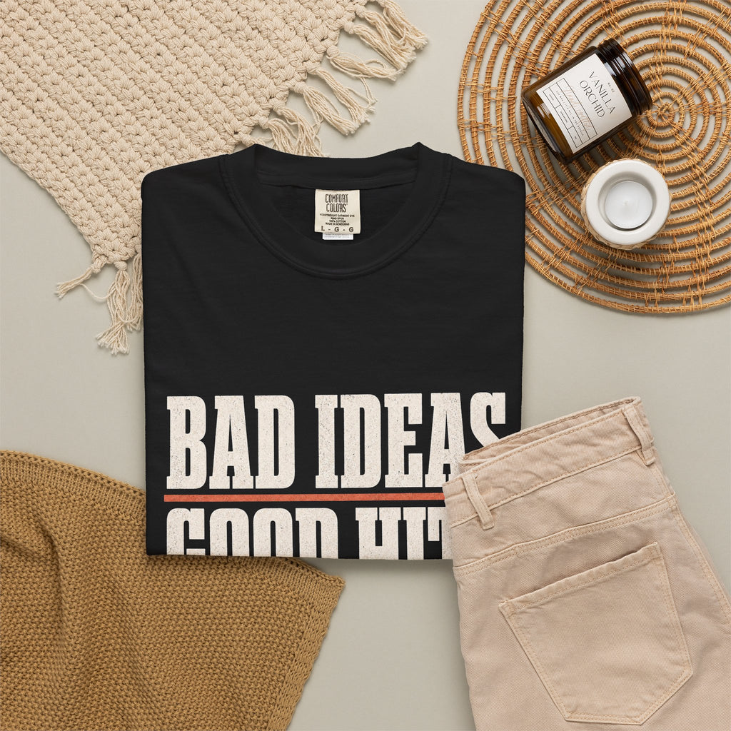 Bad Ideas. Good Hits. T-Shirt - Black - Flat Lay