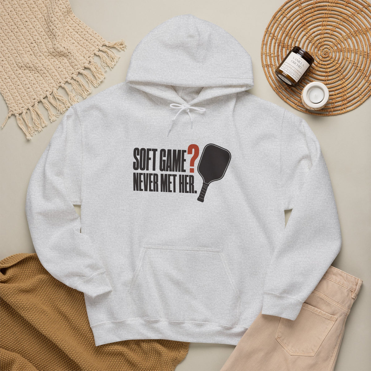 Soft Game? Never Met Her Hoodie - Ash - Flat Lay
