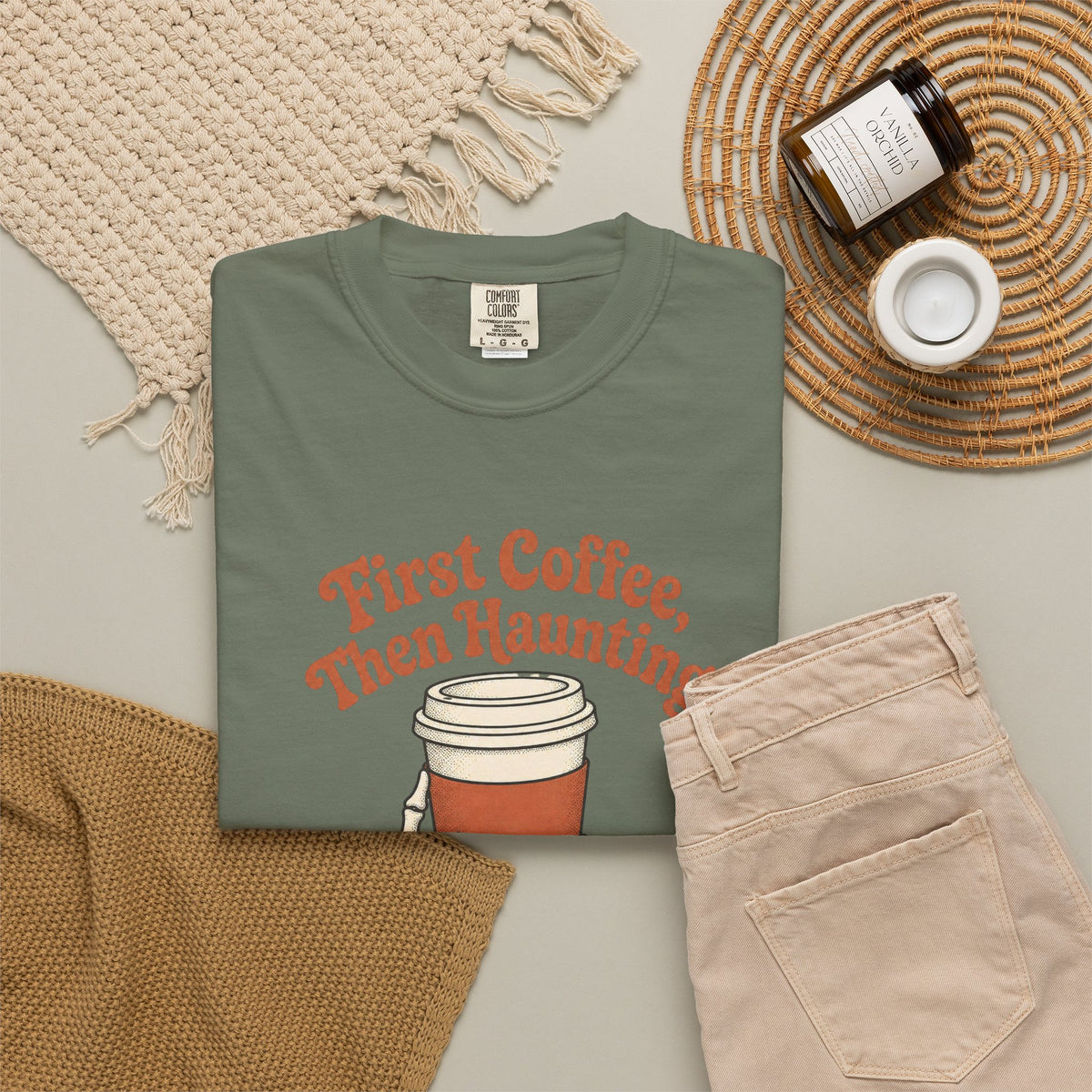 First Coffee Then Haunting T-Shirt - Moss - Flat Lay