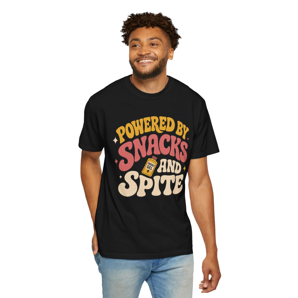 Powered by Snacks and Spite T-shirt - Black - on model front