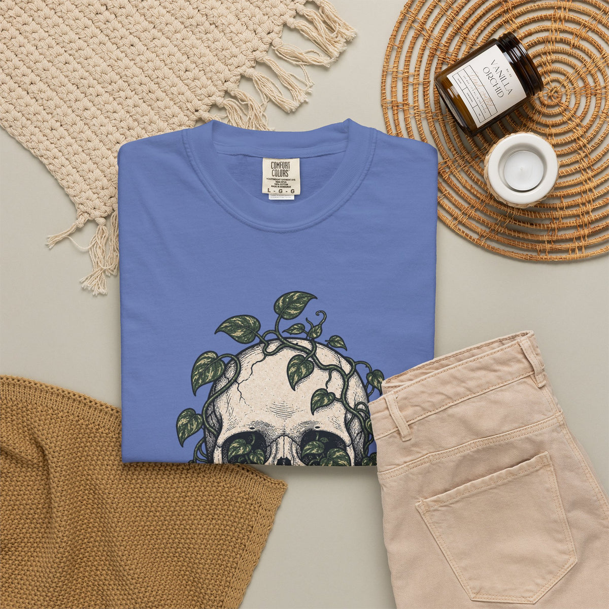 Skull with Ivy Leaves T-shirt - Mystic Blue - Flat Lay