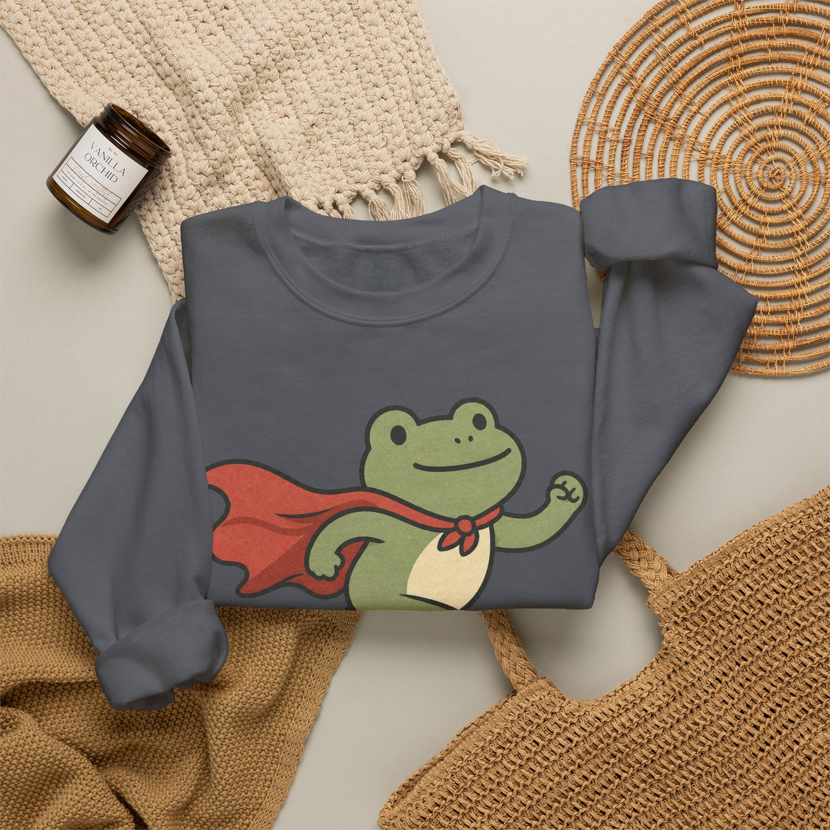 Superhero Frog running Sweatshirt - Charcoal - Flat Lay