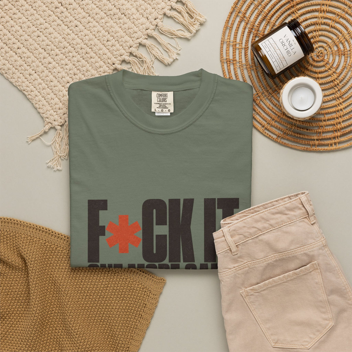 F*ck It. One More Game. T-Shirt - Moss - Flat Lay