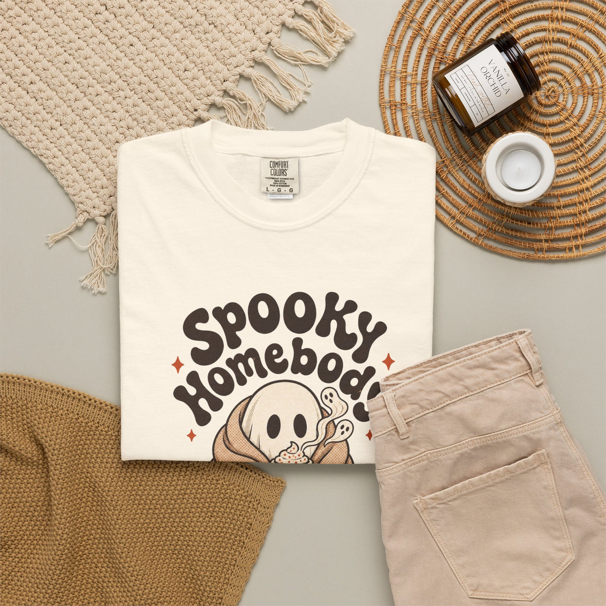 Spooky Homebody Ghost  T-Shirt - Ivory - Flat Lay