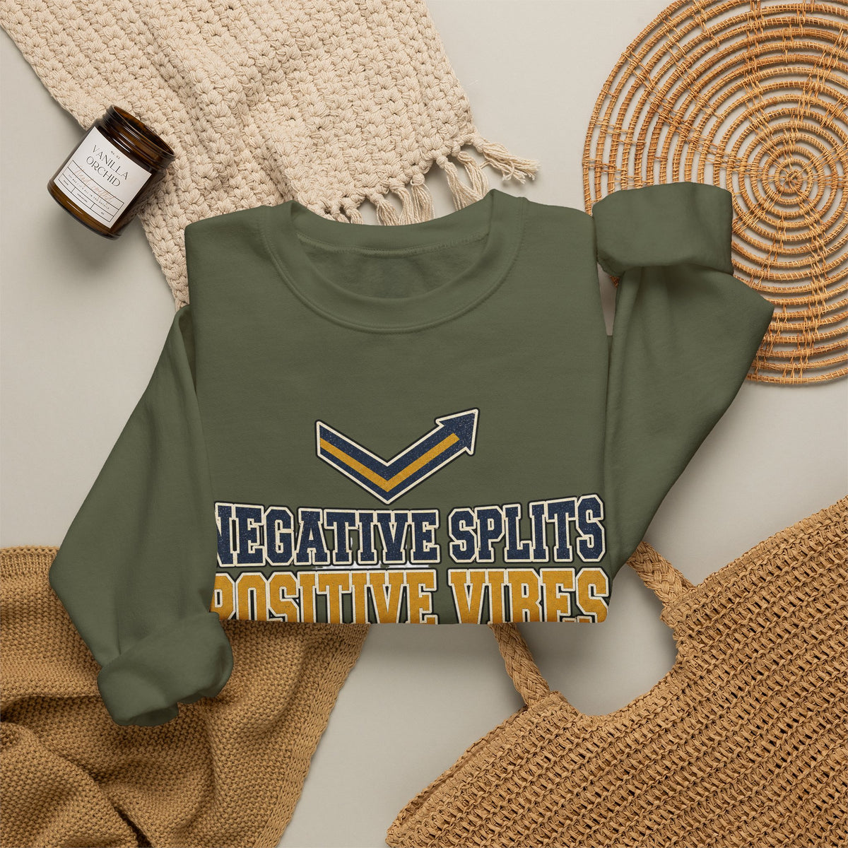 Negative Splits Positive Vibes Sweatshirt - Military Green - Flat Lay