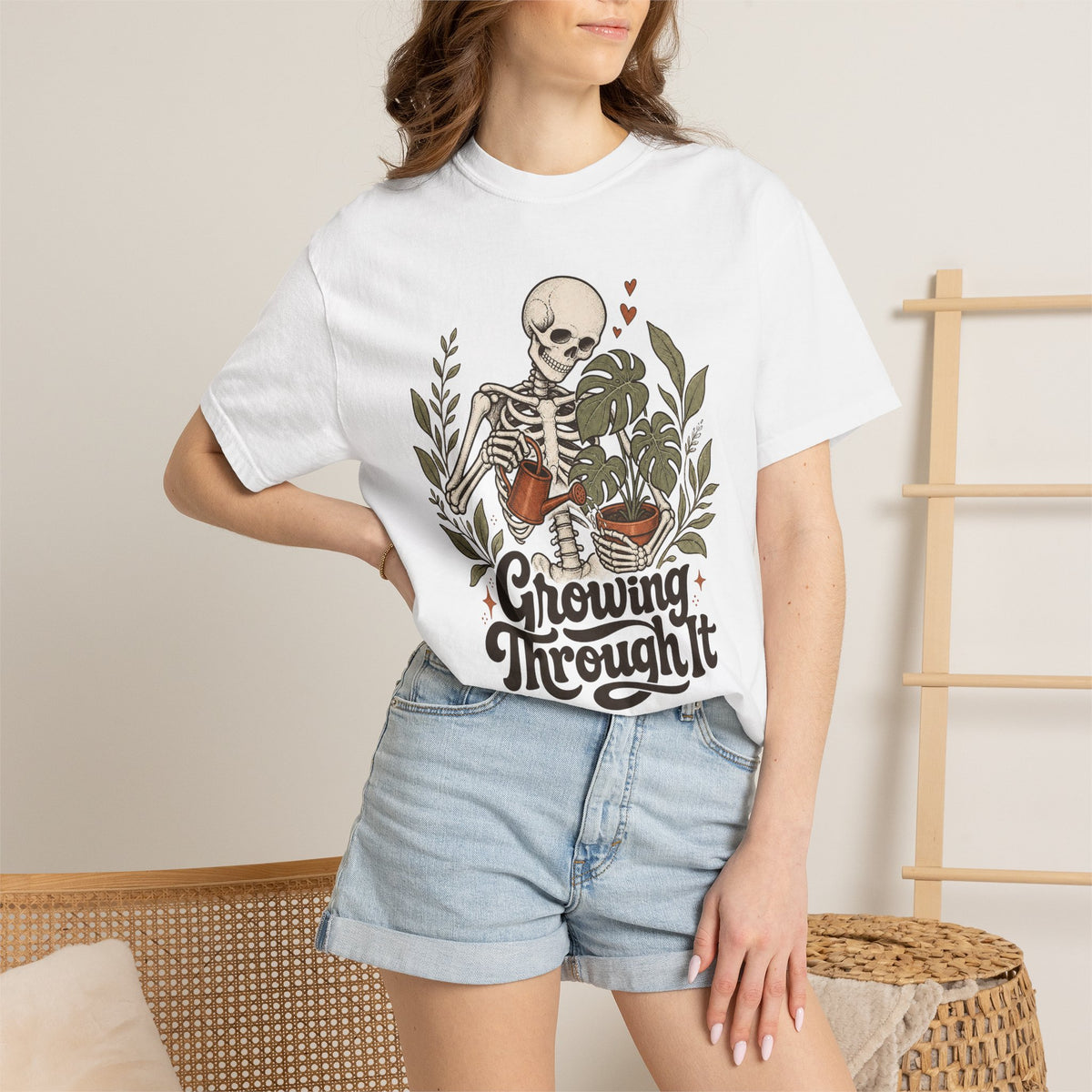 Growing Through It T-shirt - White - on model close-up