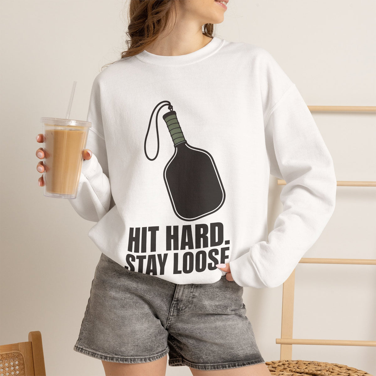 Hit Hard, Stay Loose Sweatshirt - White - On Model Female