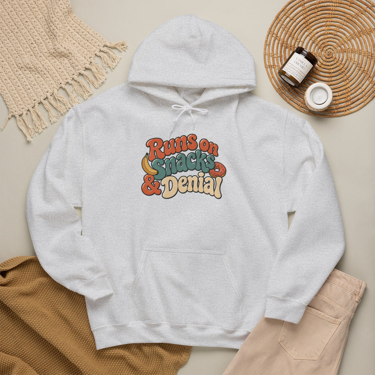 Runs on Snacks & Denial Hoodie - Ash - flat lay 
