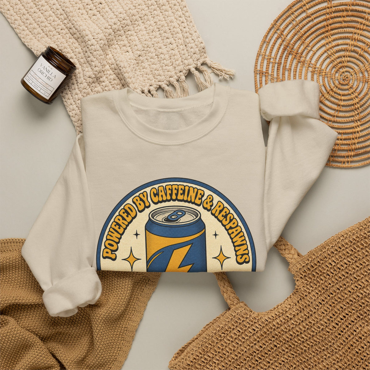Caffeinated Energy Can Sweatshirt - Sand - Flat Lay