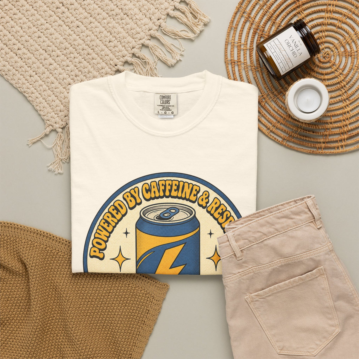 Caffeinated Energy Can T-shirt - Ivory - Flat Lay