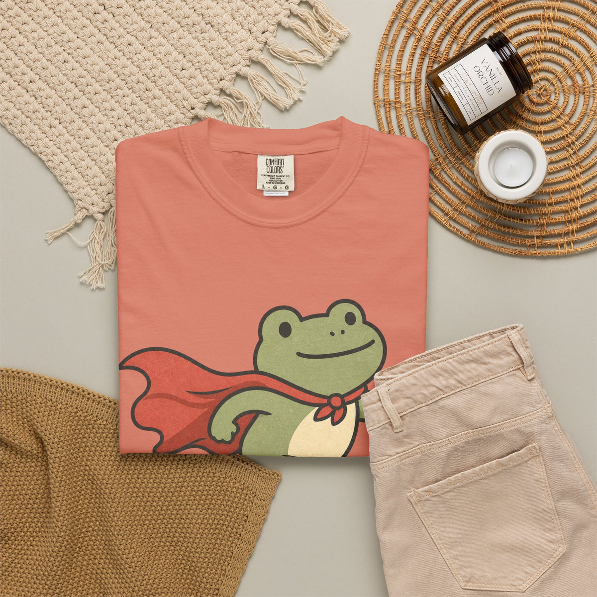 Superhero Frog Running T-shirt - Terracotta - flat lay