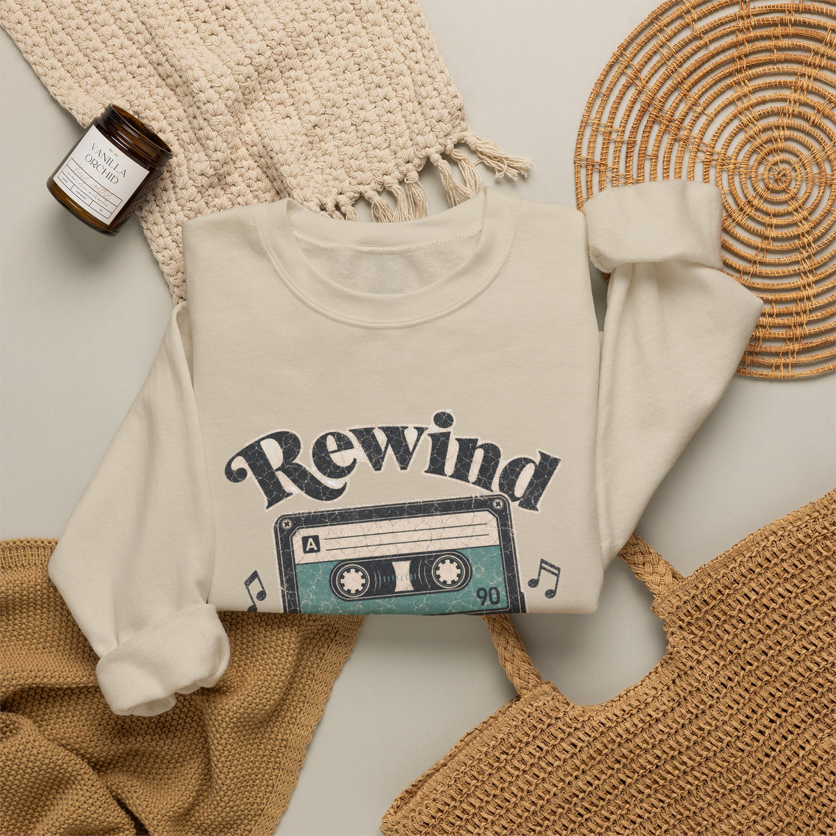 Retro Cassette Tape Sweatshirt - Sand - Flat Lay