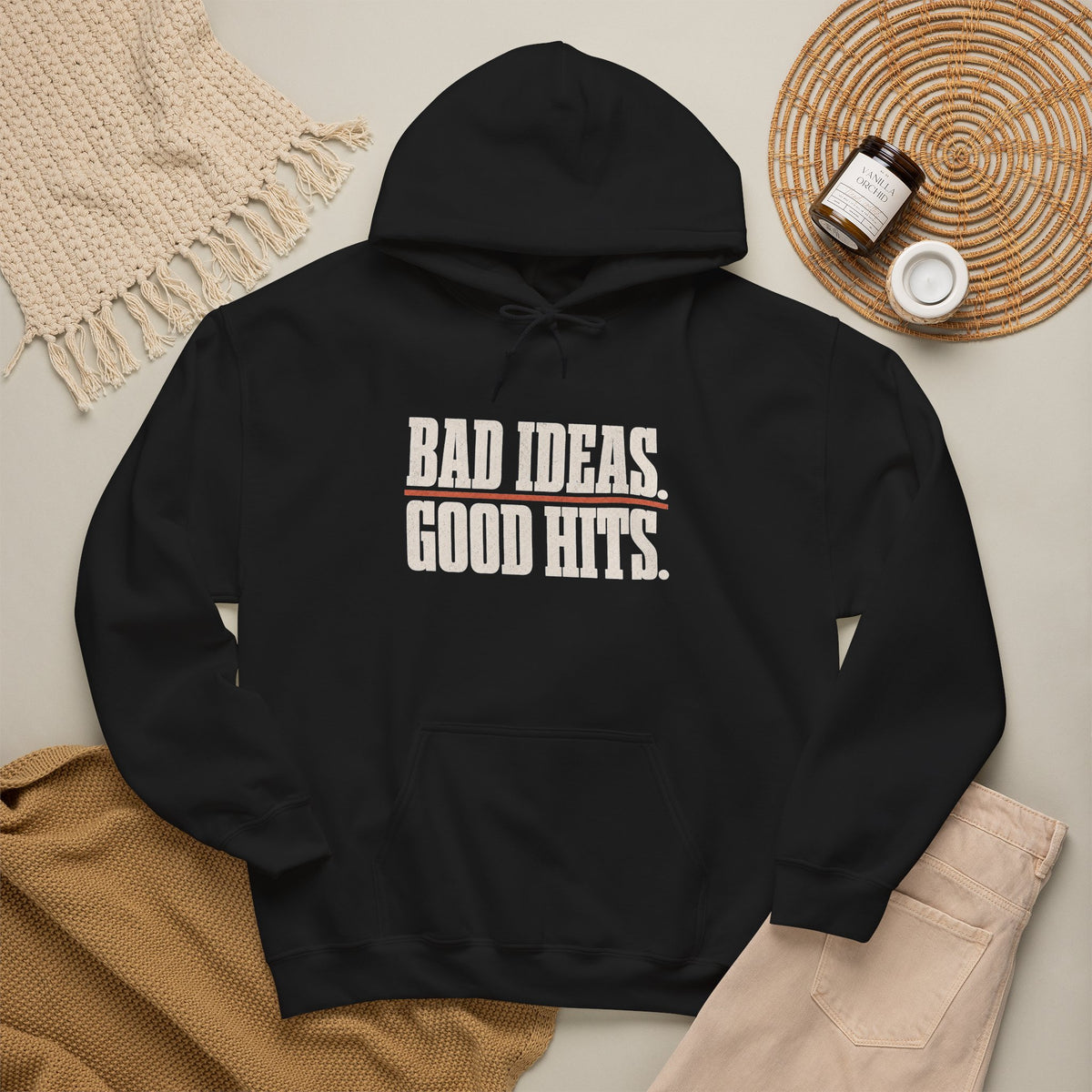 Bad Ideas. Good Hits. Hoodie - Black - Flat Lay