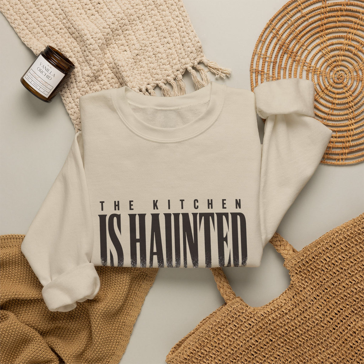 The Kitchen Is Haunted Sweatshirt - Sand - Flat Lay