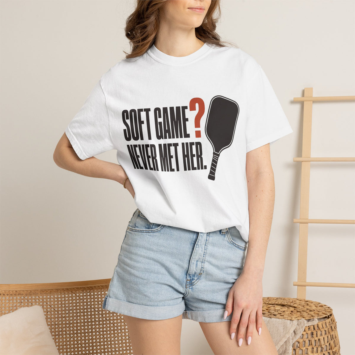 Soft Game? Never Met Her T-Shirt - White - On Model Close-Up