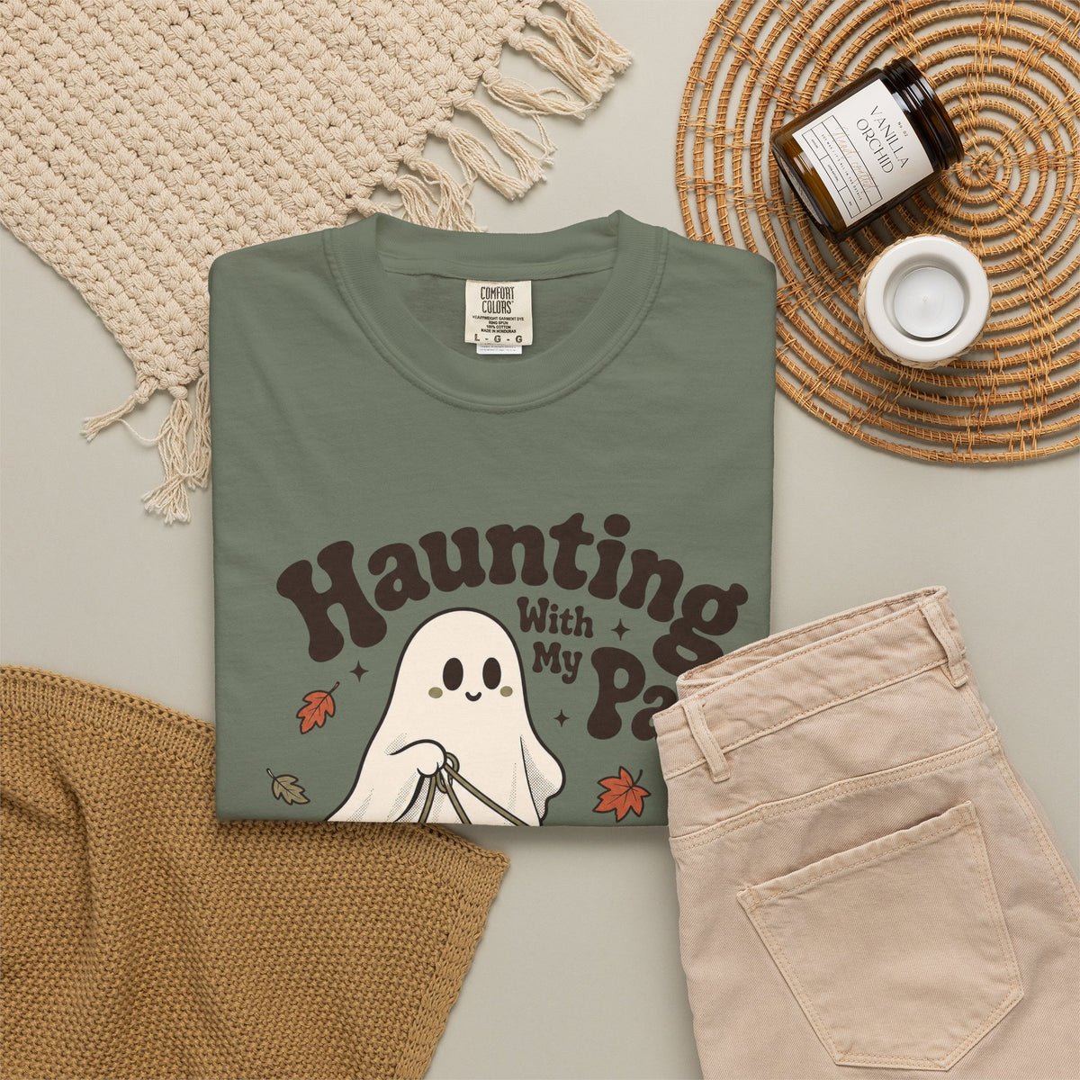 Haunting With My Pack T-shirt - Moss - Flat Lay