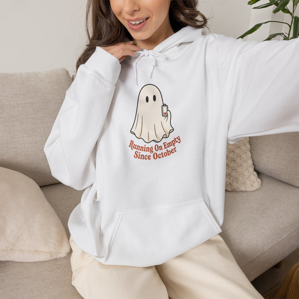 Running On Empty Since October Hoodie - White - On Model Female