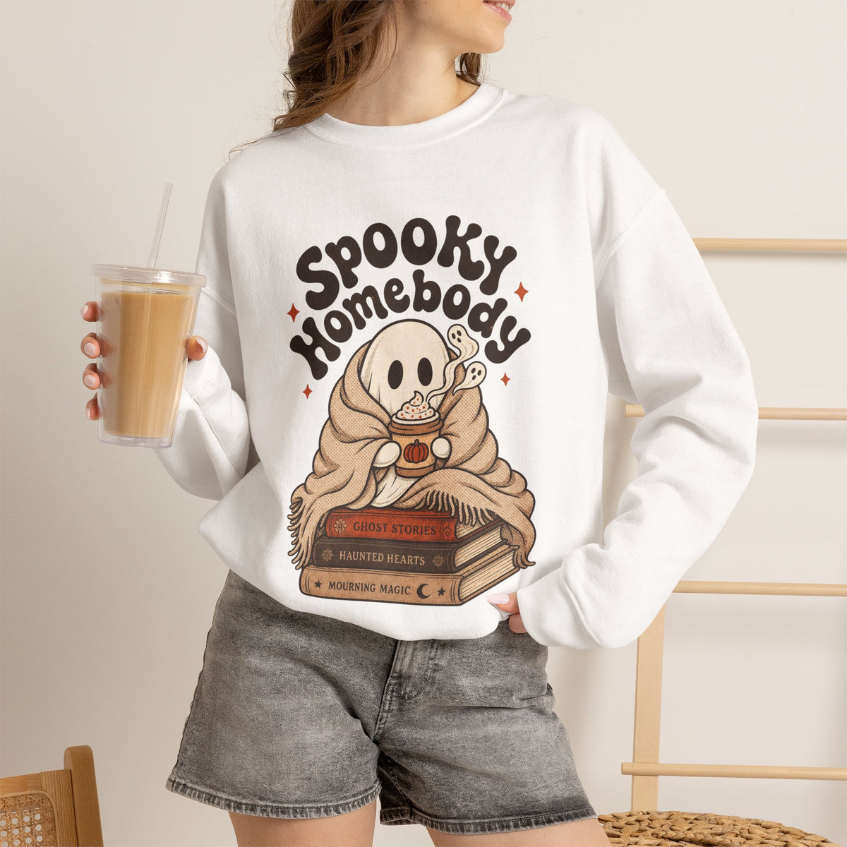 Spooky Homebody Ghost Sweatshirt - White - On Model Female