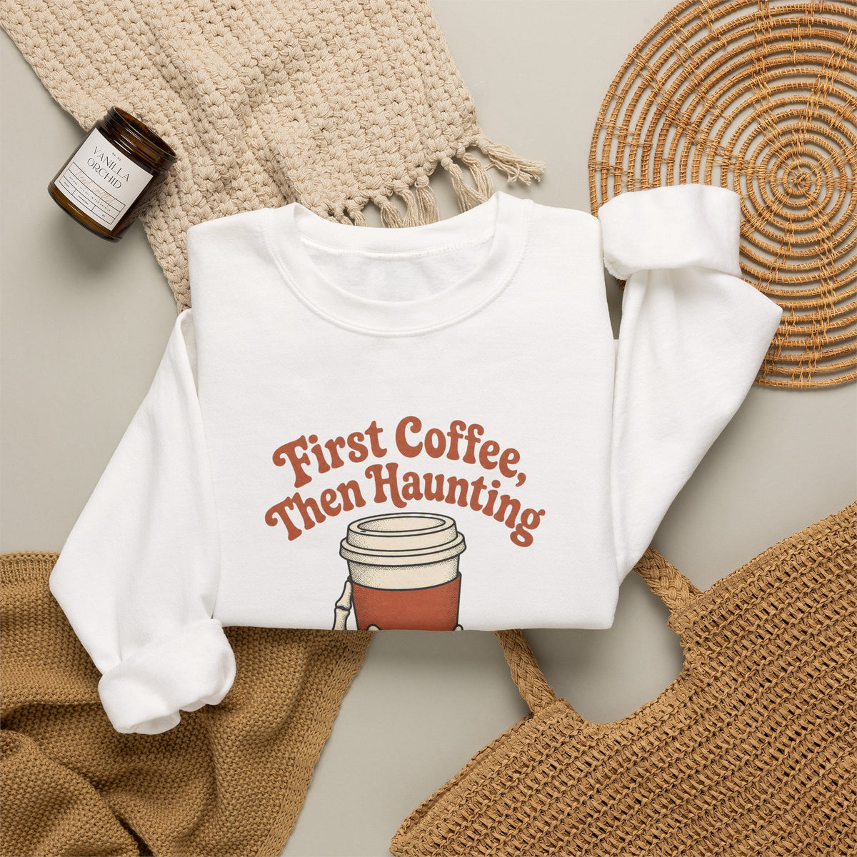 First Coffee Then Haunting Sweatshirt - White - Flat Lay