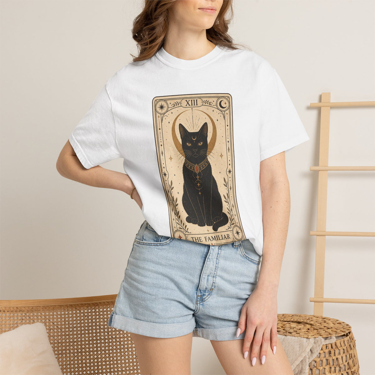 Black Cat Tarot Card T-shirt - White - on model close-up