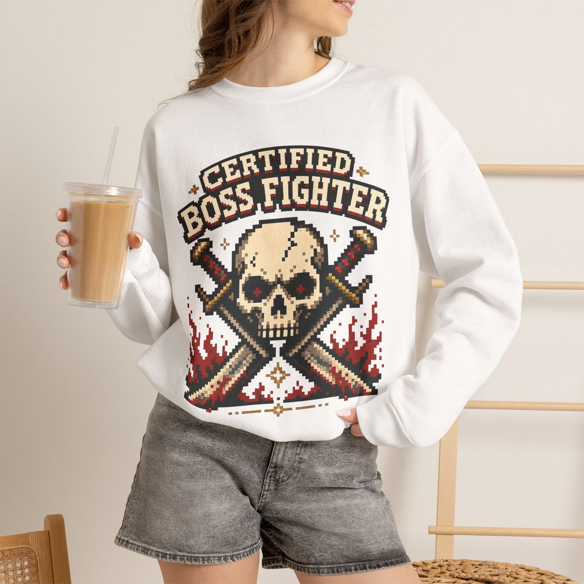 Certified Boss Fighter Sweatshirt - White - On Model Female