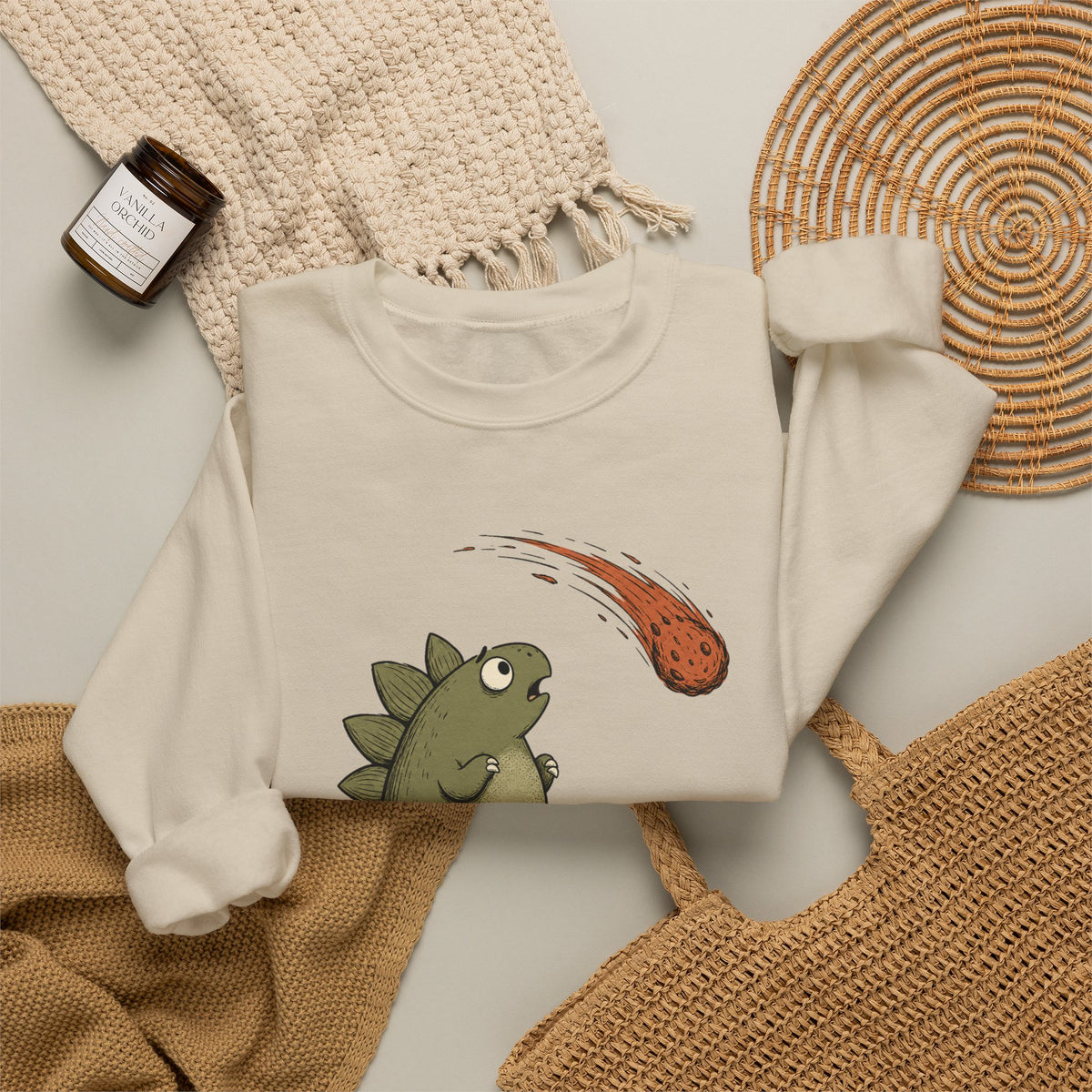 Emotionally I'm the Meteor Dinosaur Sweatshirt - Sand - Flat Lay