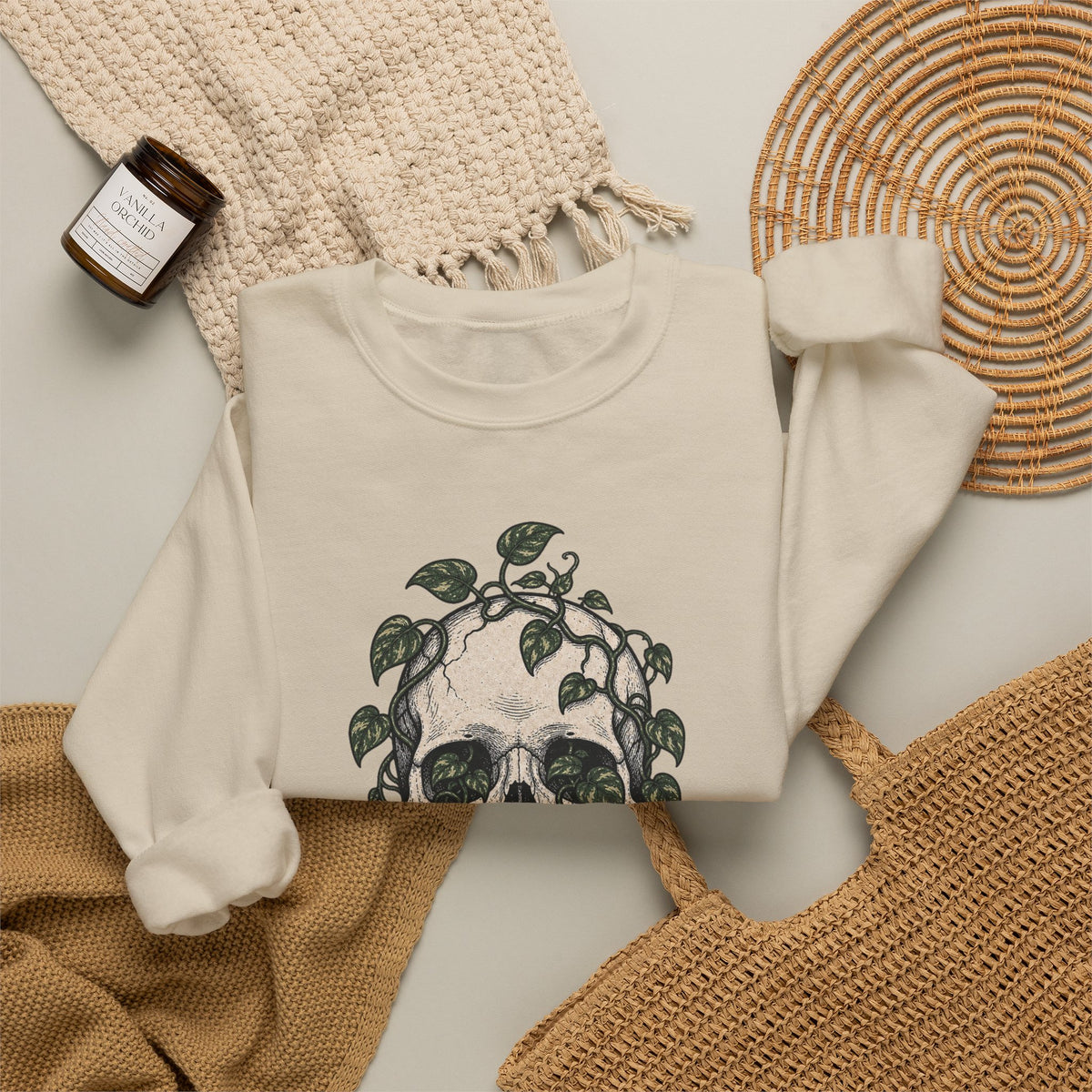 Skull with Ivy Leaves Sweatshirt - White - flat lay