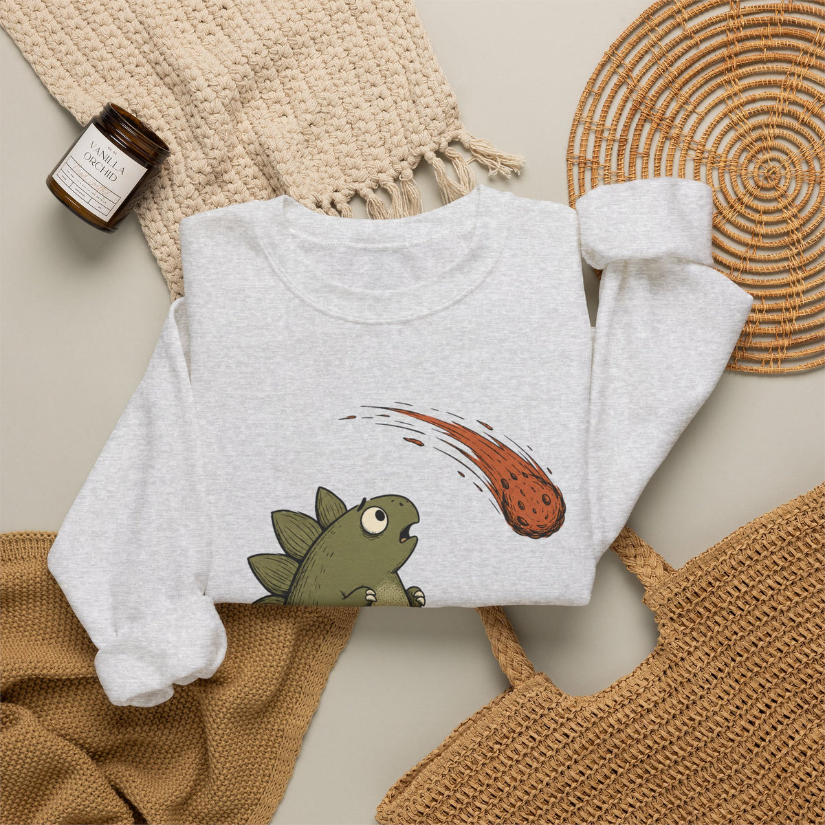 Emotionally I’m the Meteor Dinosaur Sweatshirt - Ash - Flat Lay