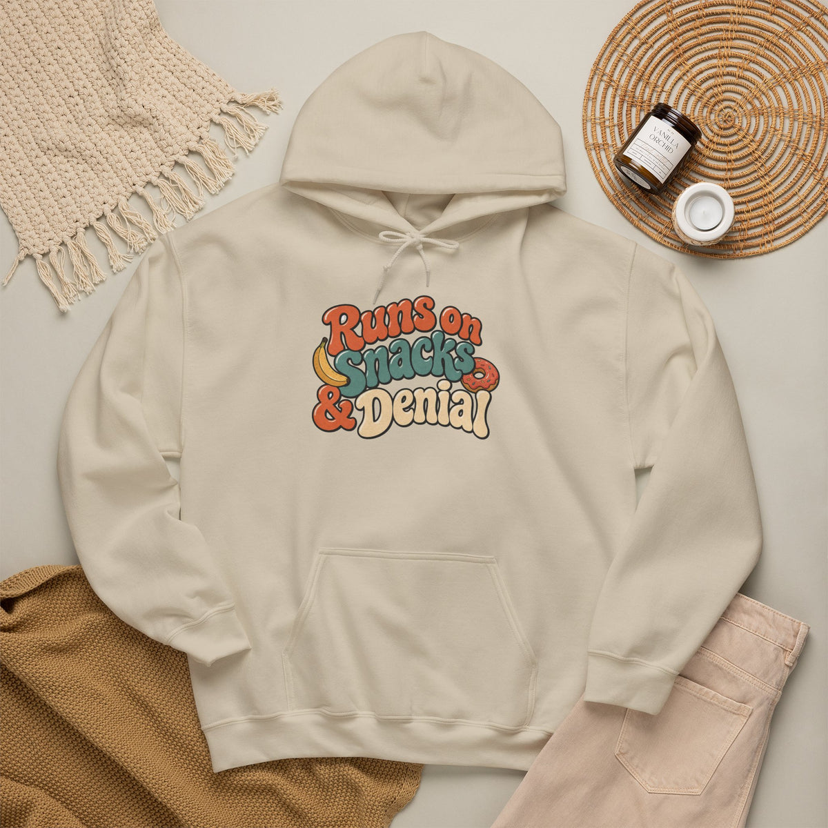Runs on Snacks & Denial Hoodie - Sand - flat lay