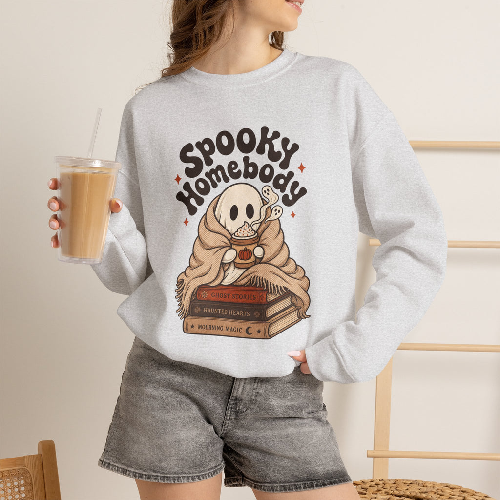 Spooky Homebody Ghost Sweatshirt - Ash - on model female