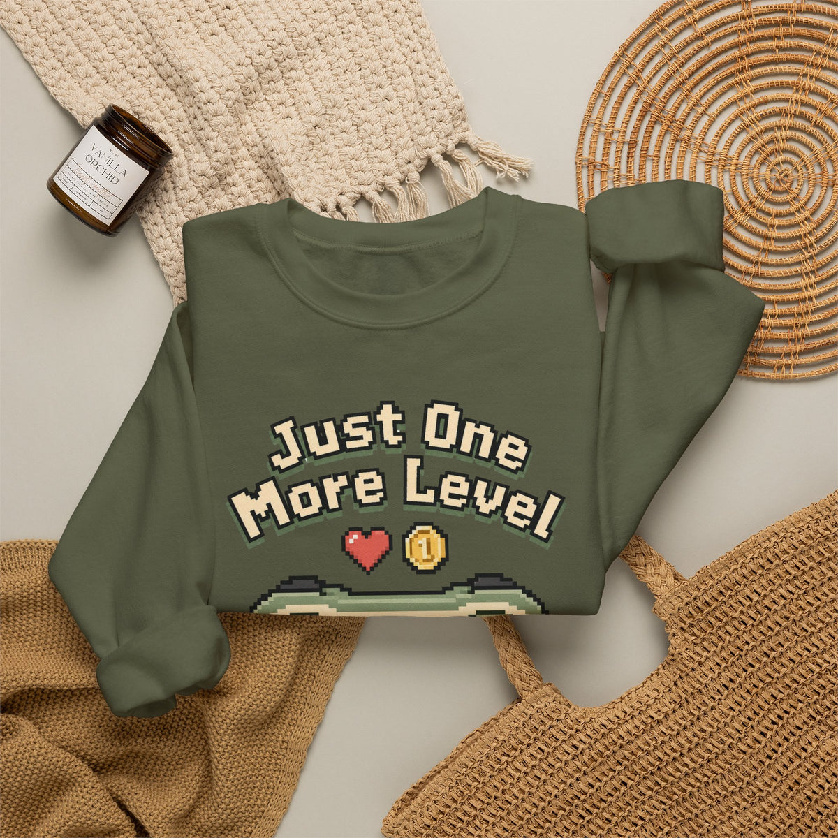 Just One More Level Sweatshirt - Military Green - Flat Lay
