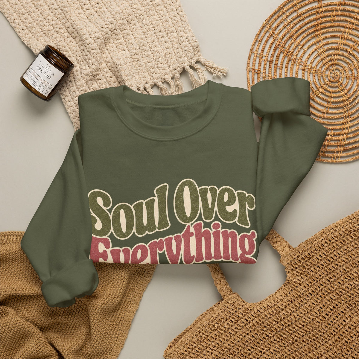 Soul Over Everything Sweatshirt - Military Green - Flat Lay