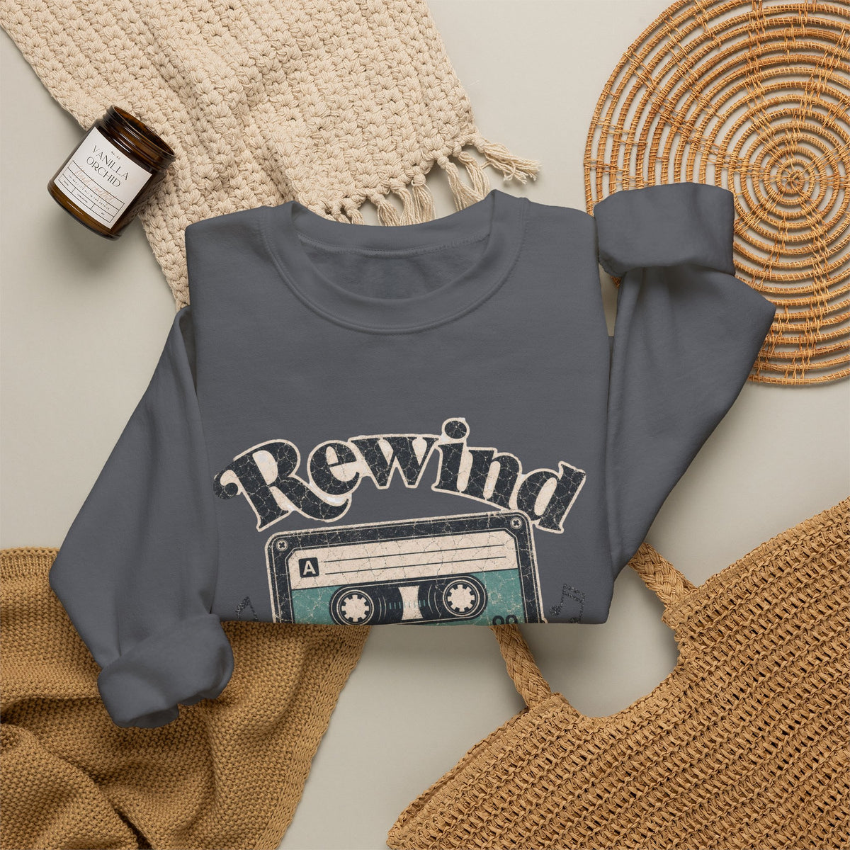 Retro Cassette Tape Sweatshirt - Charcoal - Flat Lay