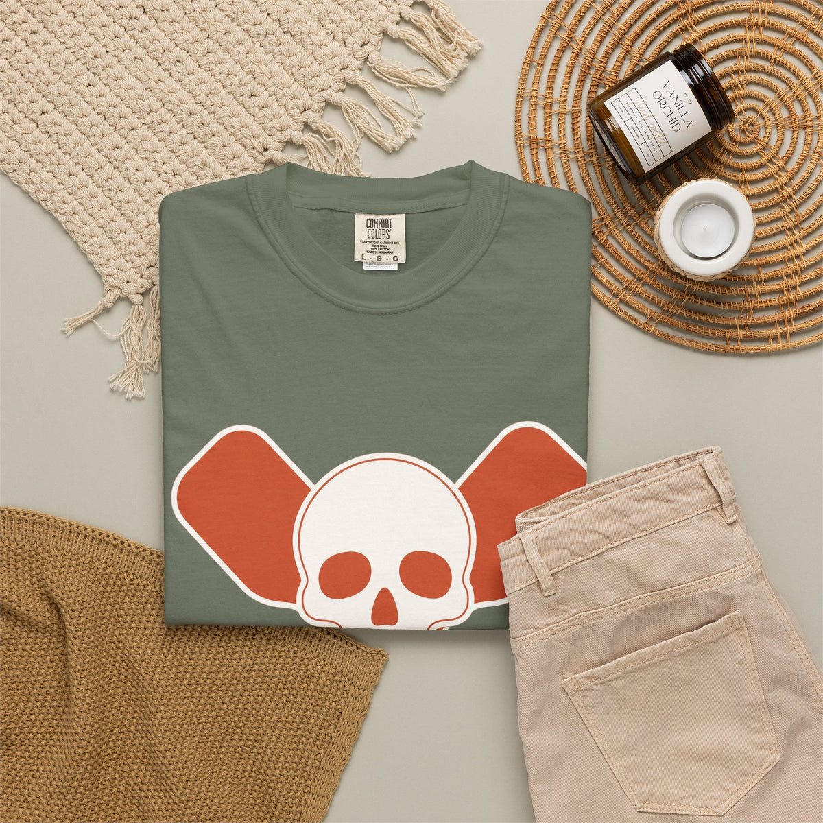 Skull & Oars T-Shirt - Moss - Flat Lay