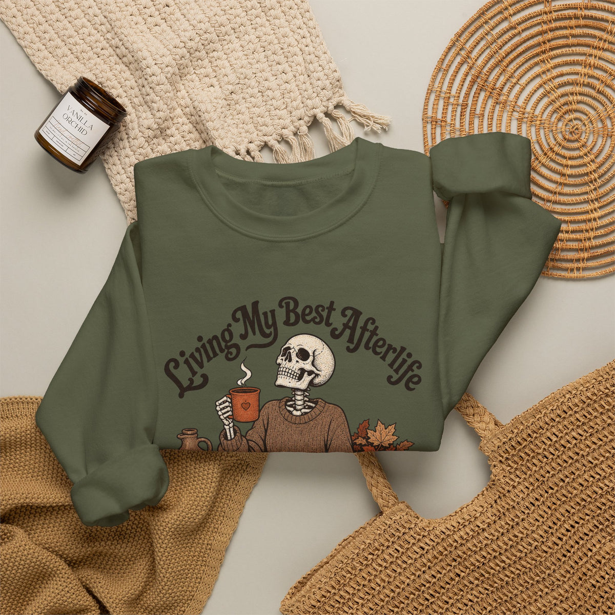 Living My Best Afterlife Sweatshirt - Military Green - flat lay