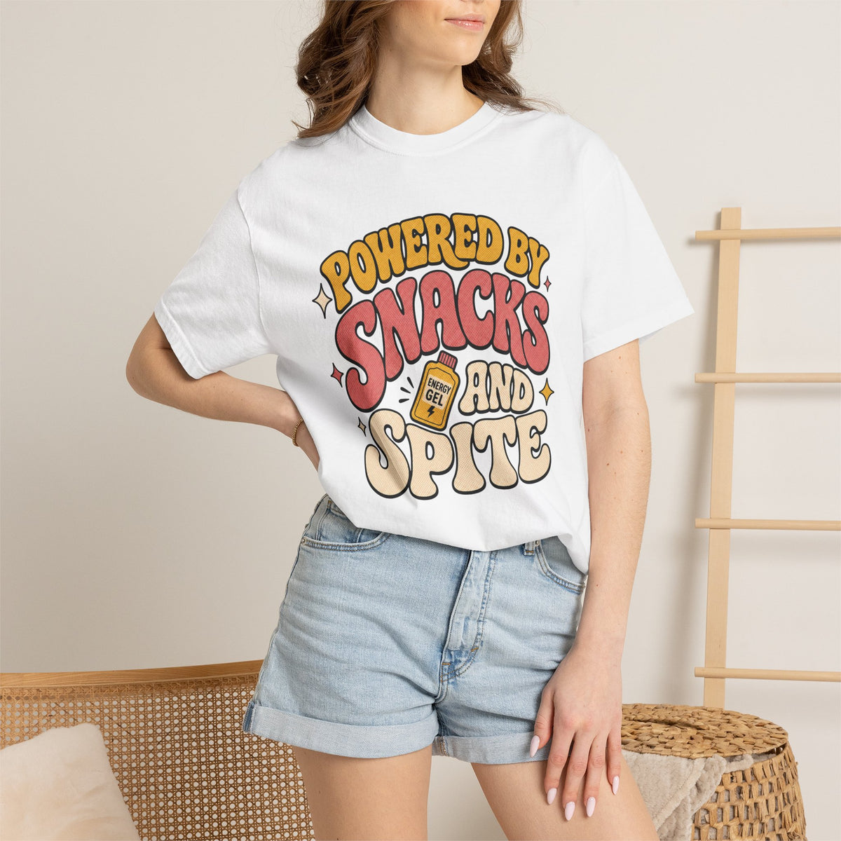 Powered by Snacks and Spite T-shirt - White - On Model Female