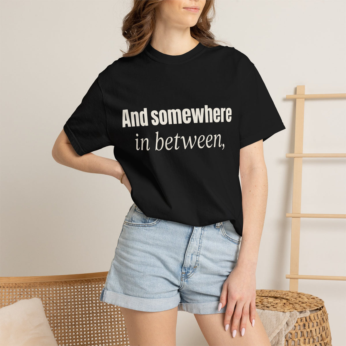 And Somewhere In Between T-shirt - Black - On Model Female