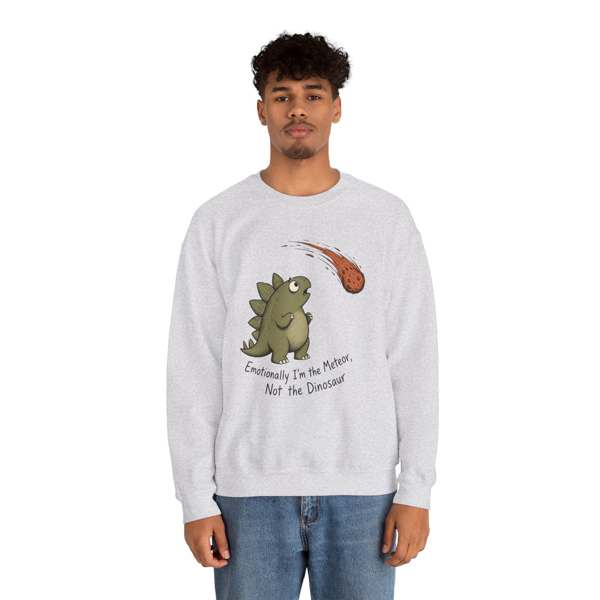 Emotionally I’m the Meteor Dinosaur Sweatshirt - Ash - On Model Male