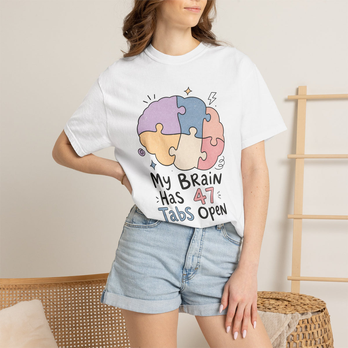 My Brain Has 47 Tabs Open T-Shirt - White - On Model Close-Up